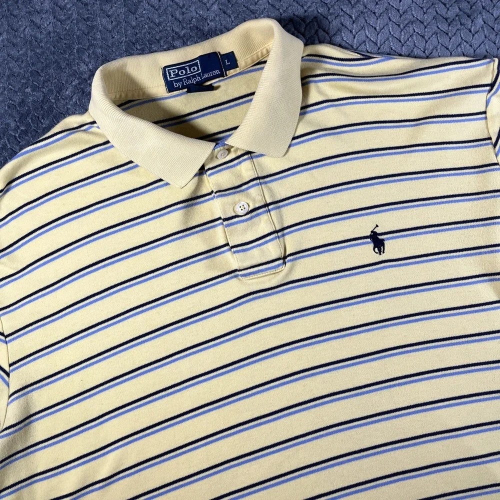 Polo Ralph Lauren Polo Shirt Men's Size L Yellow Striped Cotton Classic‎ Preppy